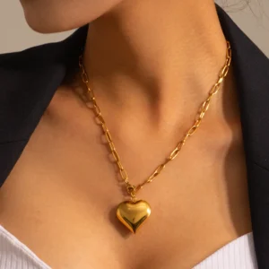 Stainless Steel Gold Plated Chunky Heart Shape Pendant Necklace