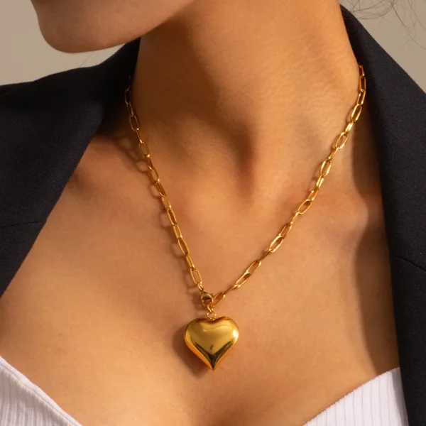 Stainless Steel Gold Plated Chunky Heart Shape Pendant Necklace