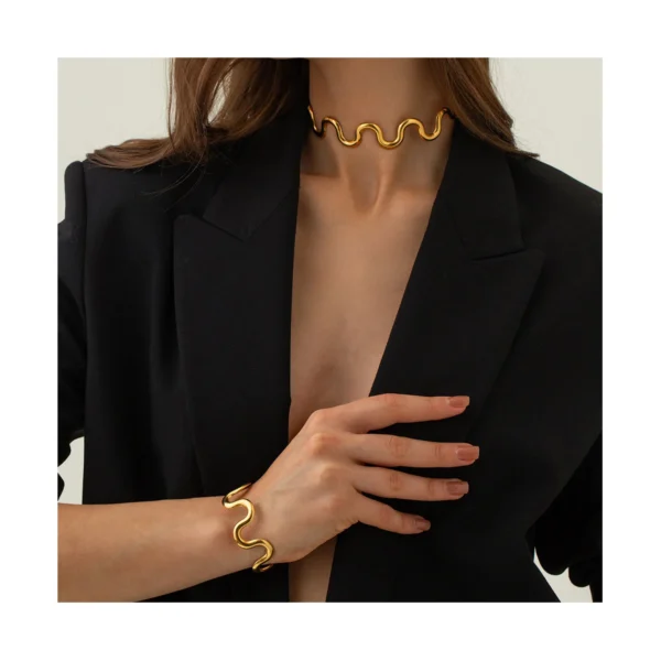 Gold Plated Stainless Steel Twist Wavy Cuff  Choker Necklace - Image 2